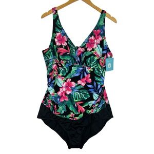 Bal Harbour Swim Swimsuit Womens 22W Black Multi Floral One Piece Tummy‎ Control